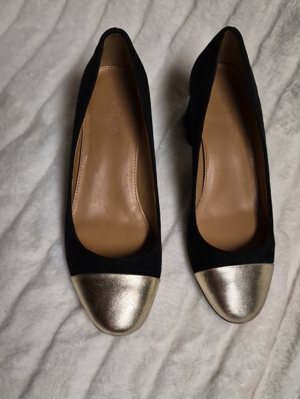 J. Crew Black Suede Flats with Metallic Gold Cap Toe
